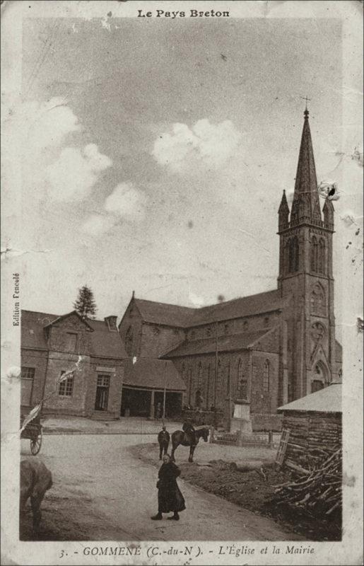 L'église Saint-Guy dans le bourg de Gommenec'h au début des années 1900.