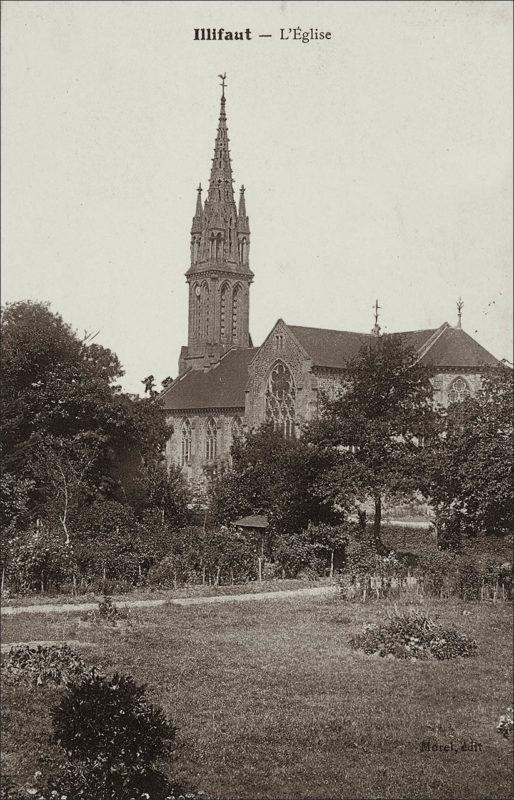 Vue générale de l'église Saint-Samson sur la commune d'Illifaut au début des années 1900.