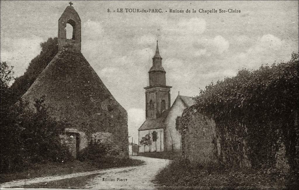 Ruines de la chapelle Sainte-Claire dans le bourg de Le Tour-du-Parc au début des années 1900.