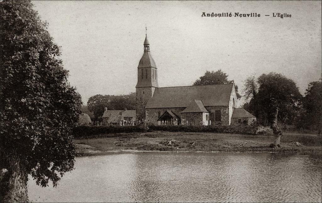 L'église Saint-Melaine dans le bourg d'Andouillé-Neuville au début des années 1900.