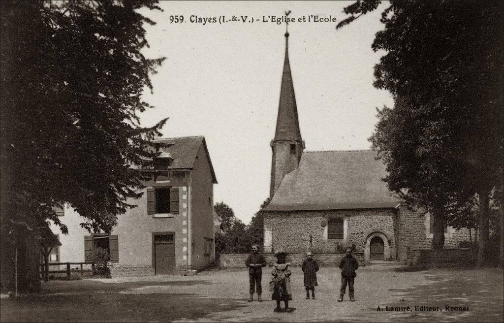 L’église Saint-Pierre et l'école dans le bourg de Clayes au début des années 1900.