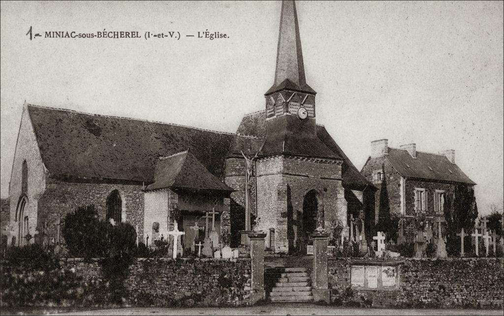 L'église Saint-Pierre dans le bourg de Miniac-sous-Bécherel au début des années 1900.