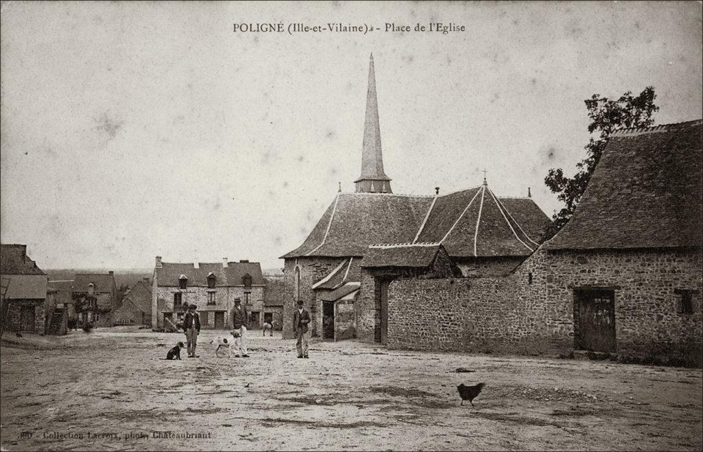 La place et l'église du bourg de Poligné au début des années 1900.