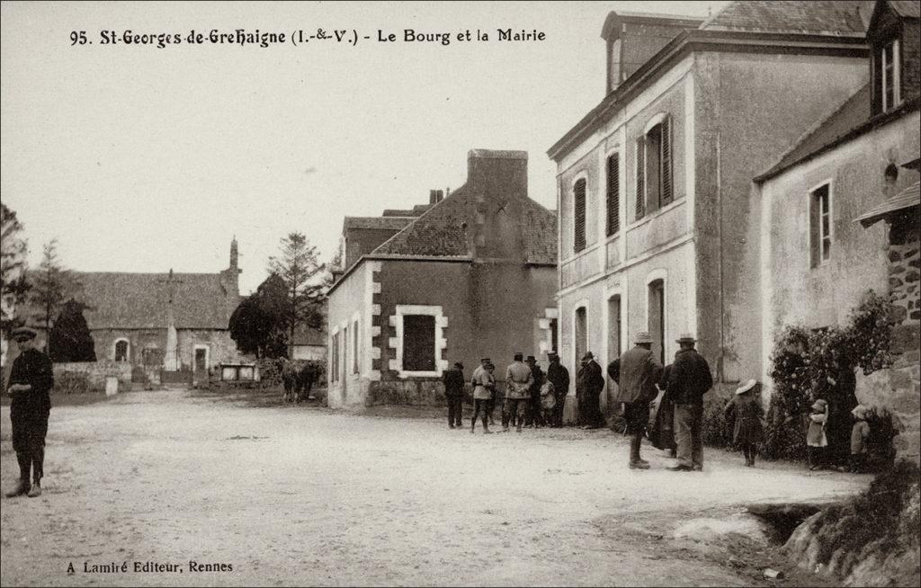Le bourg et la mairie de Saint-Georges-de-Gréhaigne au début des années 1900.