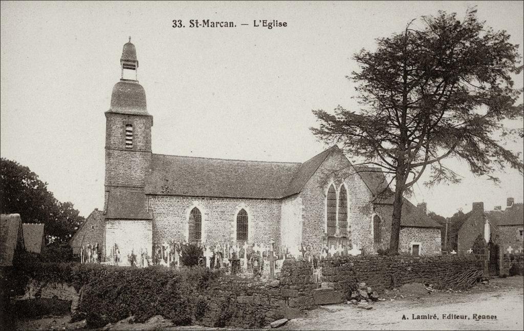 L'église Saint-Marcan dans le bourg de Saint-Marcan au début des années 1900.
