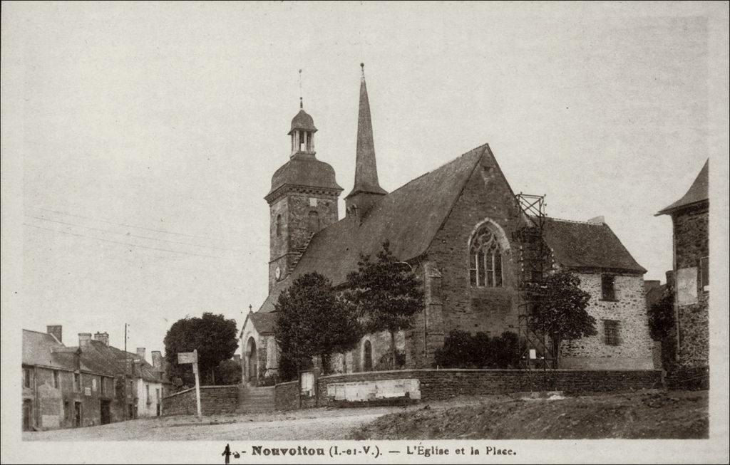 L'église Saint-Martin et la place du bourg de Nouvoitou au début des années 1900.