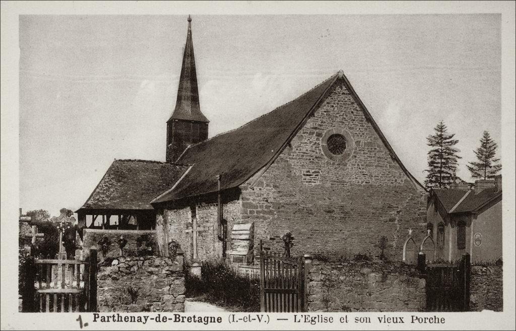 L'église Notre-Dame dans le bourg de Parthenay-de-Bretagne au début des années 1900.