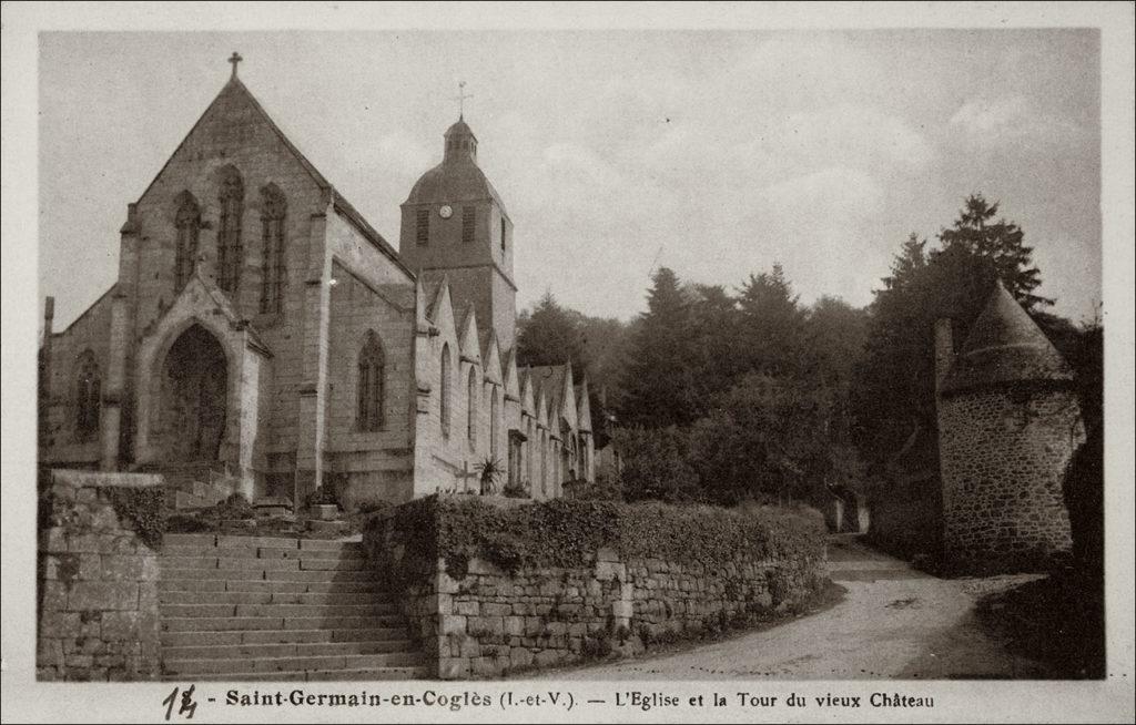 L'église Saint-Germain d'Auxerre dans le bourg de Saint-Germain-en-Coglès au début des années 1900.