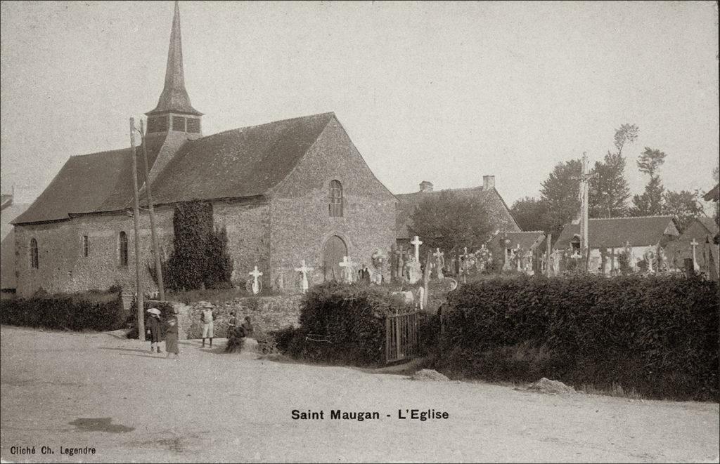 L'église Saint-Maugan dans le bourg de Saint-Maugan au début des années 1900.