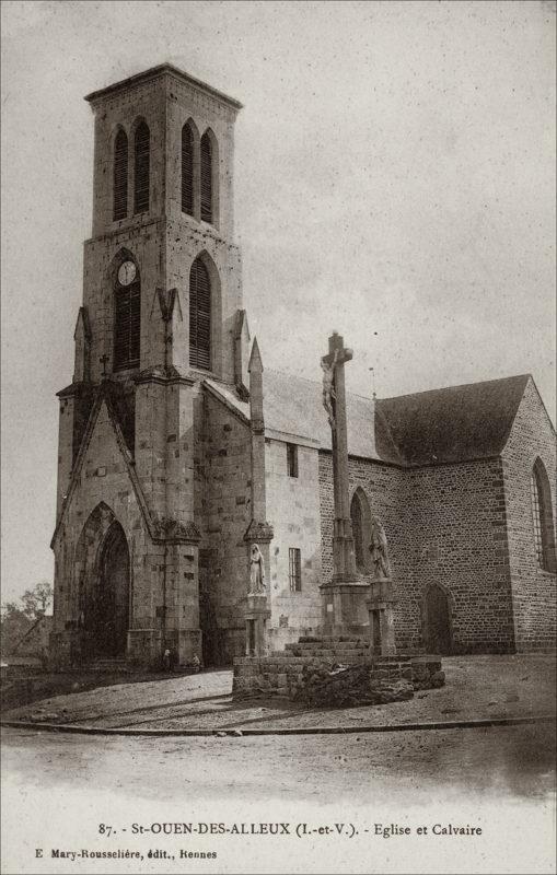 L'église Saint-Ouen dans le bourg de Saint-Ouen-des-Alleux au début des années 1900.