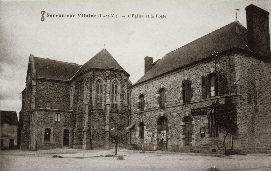 L'église et la poste dans le bourg de Servon-sur-Vilaine au début des années 1900.