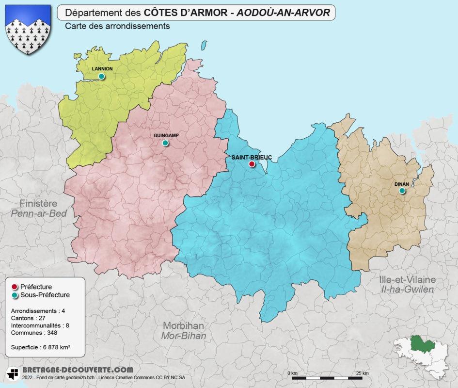 Carte des arrondissements du département des Côtes d'Armor (22)