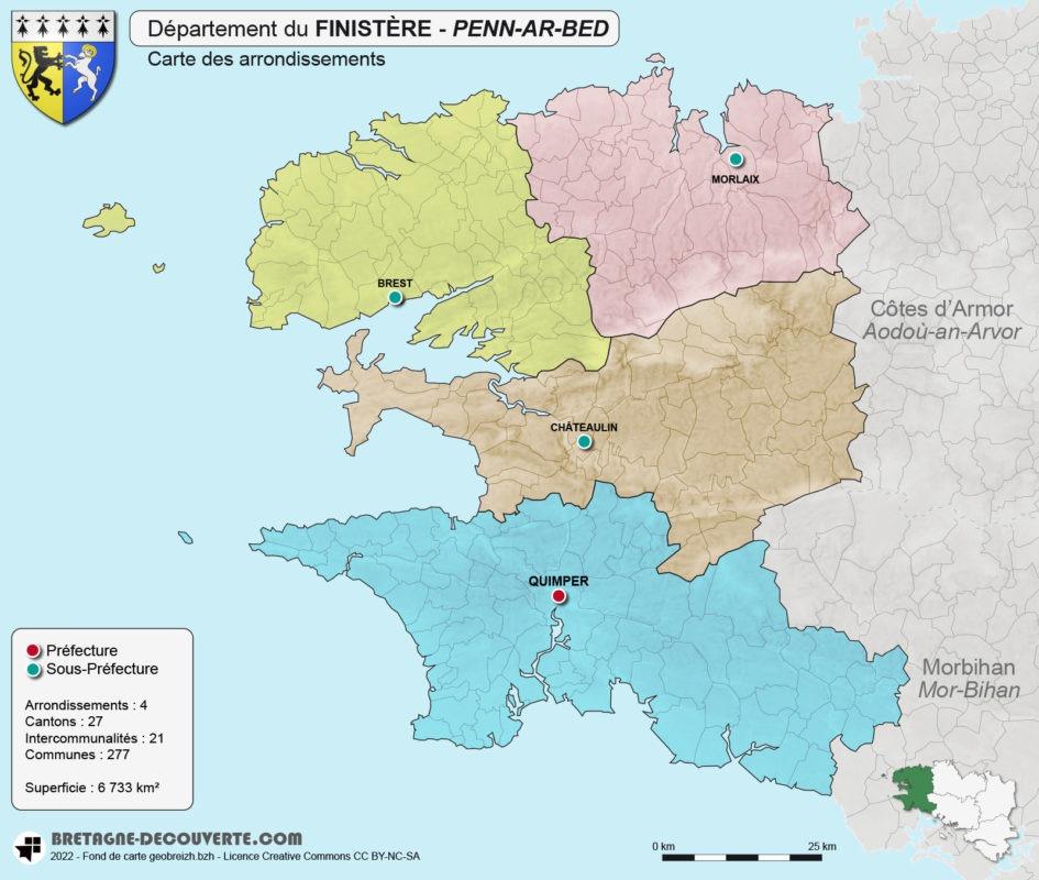 Carte des arrondissements du département du Finistère (29)