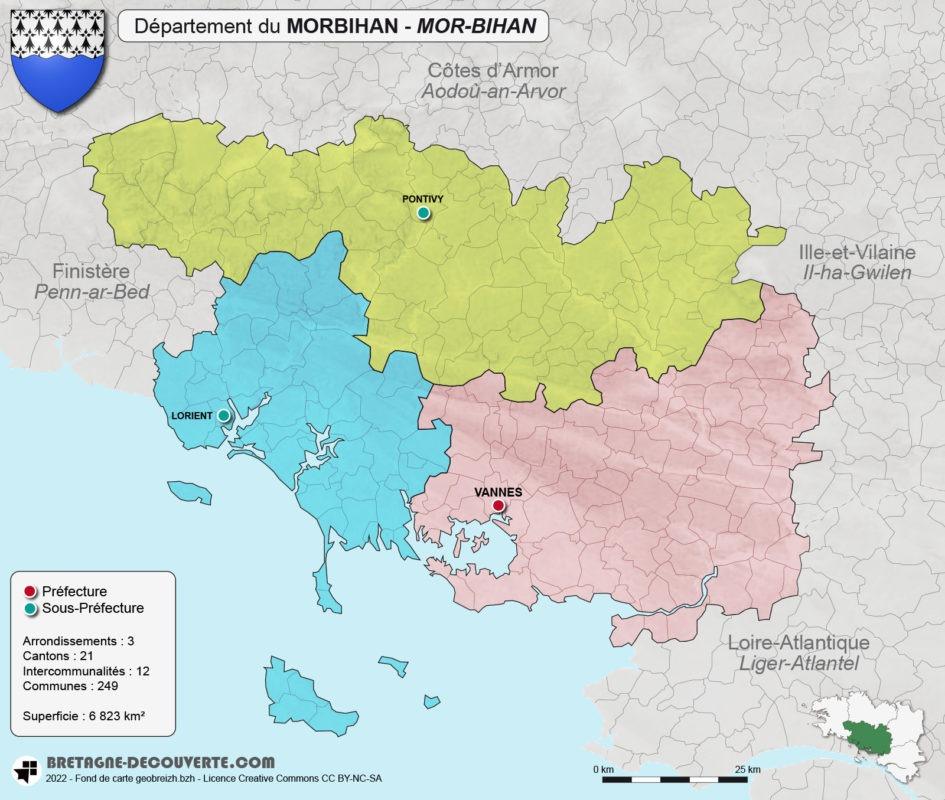 Carte des arrondissements du département du Morbihan (56)