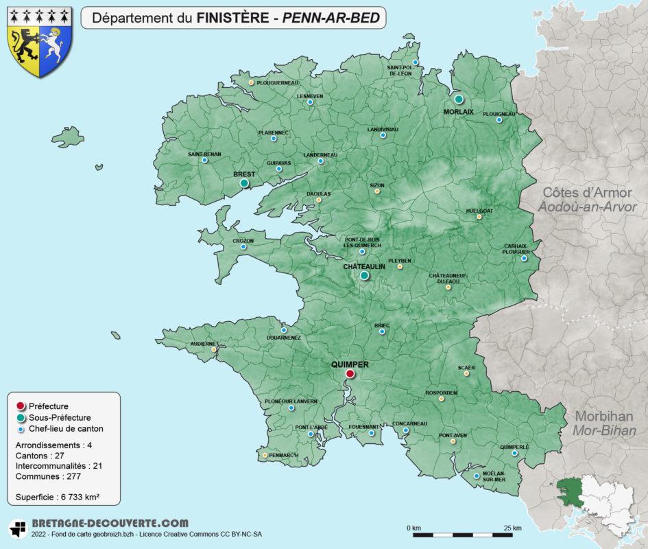 Carte du département du Finistère (29) en Bretagne