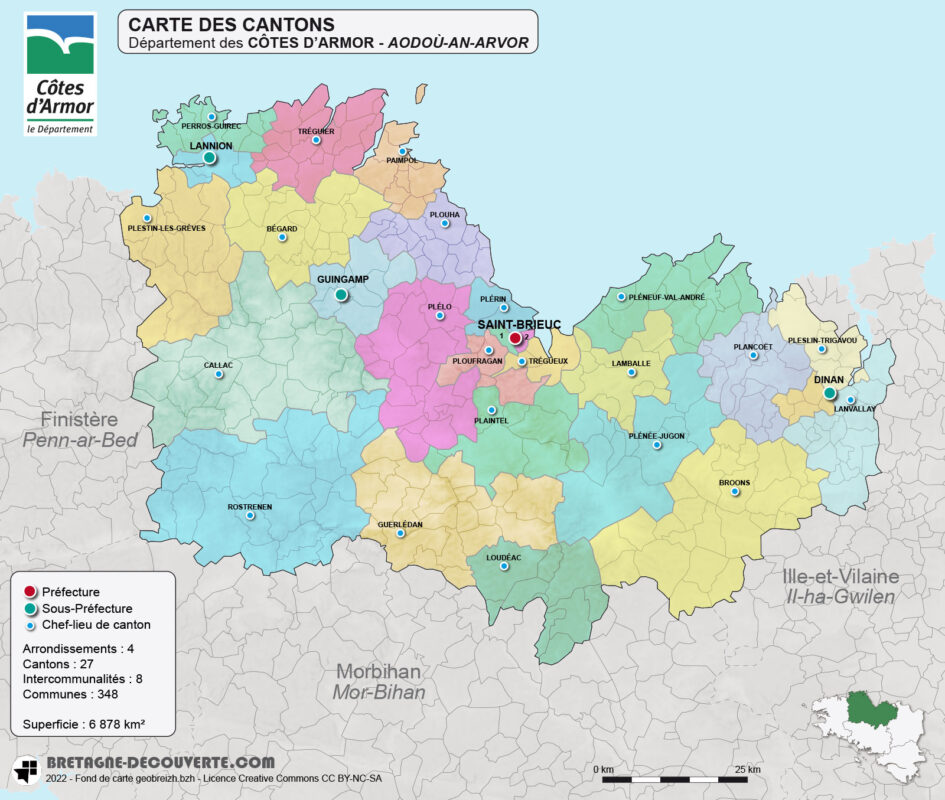 Carte des cantons du département des Côtes d'Armor (22)