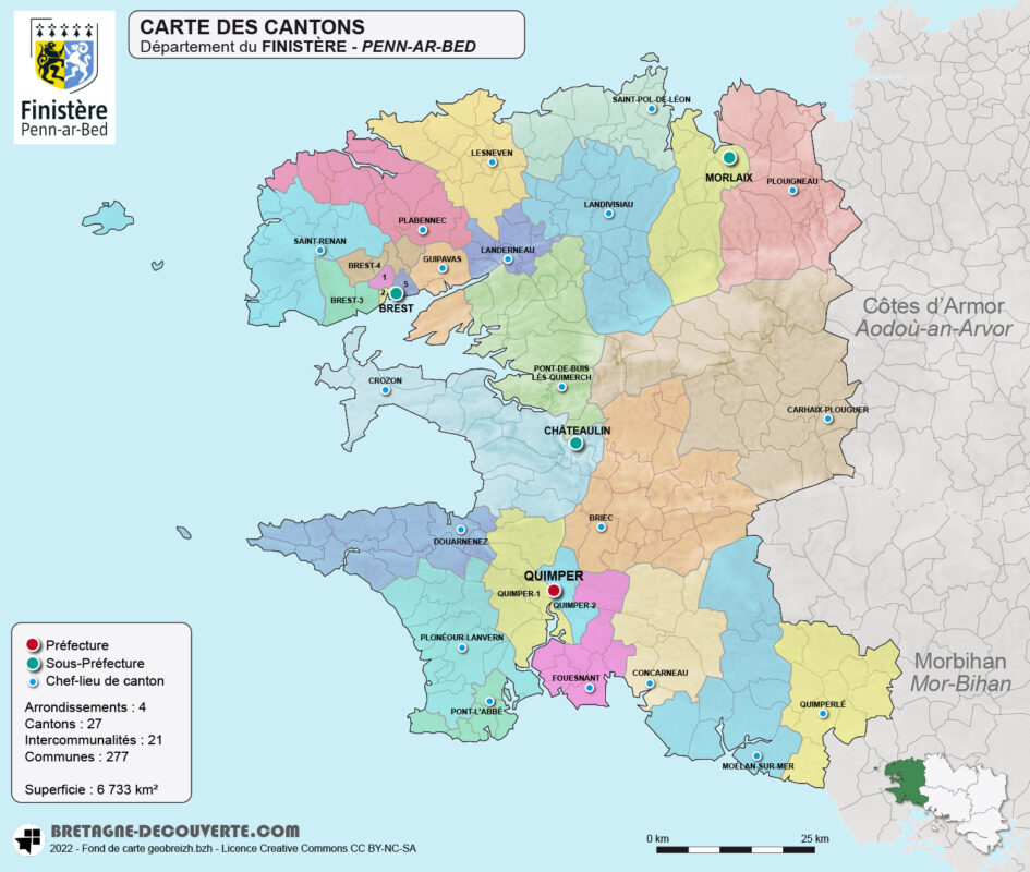 Carte des cantons du département du Finistère (29)