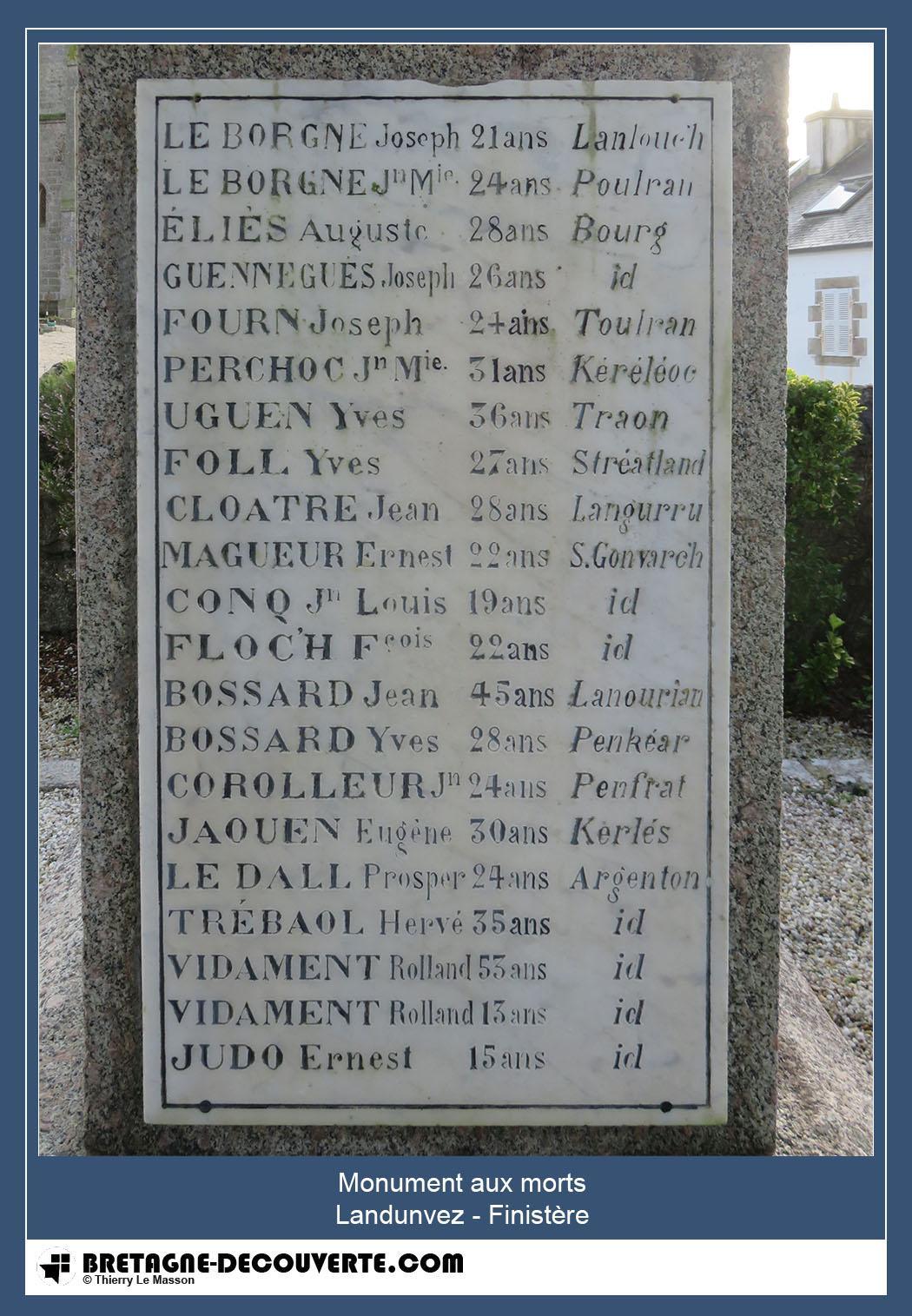 Les noms gravés sur le monument aux morts de Landunvez