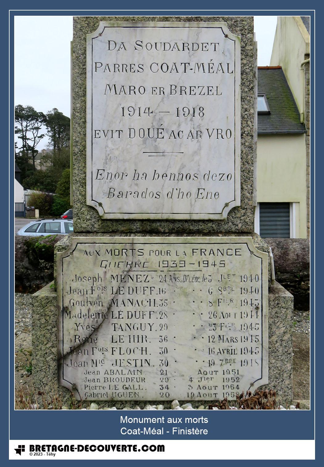 Les noms gravés sur le monument aux morts de Coat-Méal