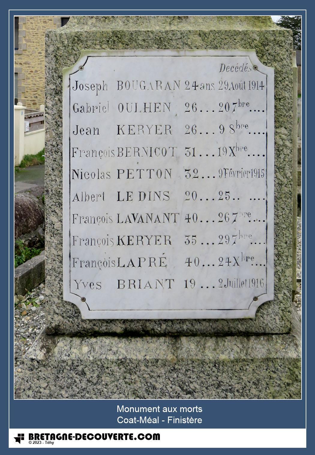 Les noms gravés sur le monument aux morts de Coat-Méal
