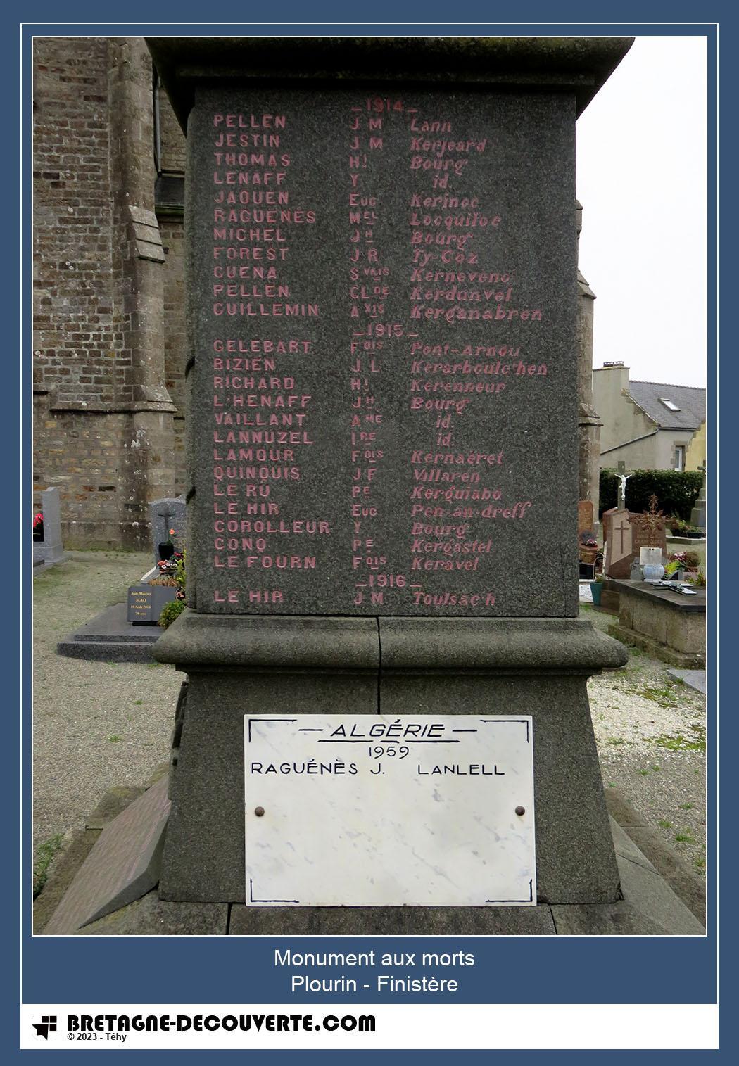 Les noms gravés sur le monument aux morts de Plourin