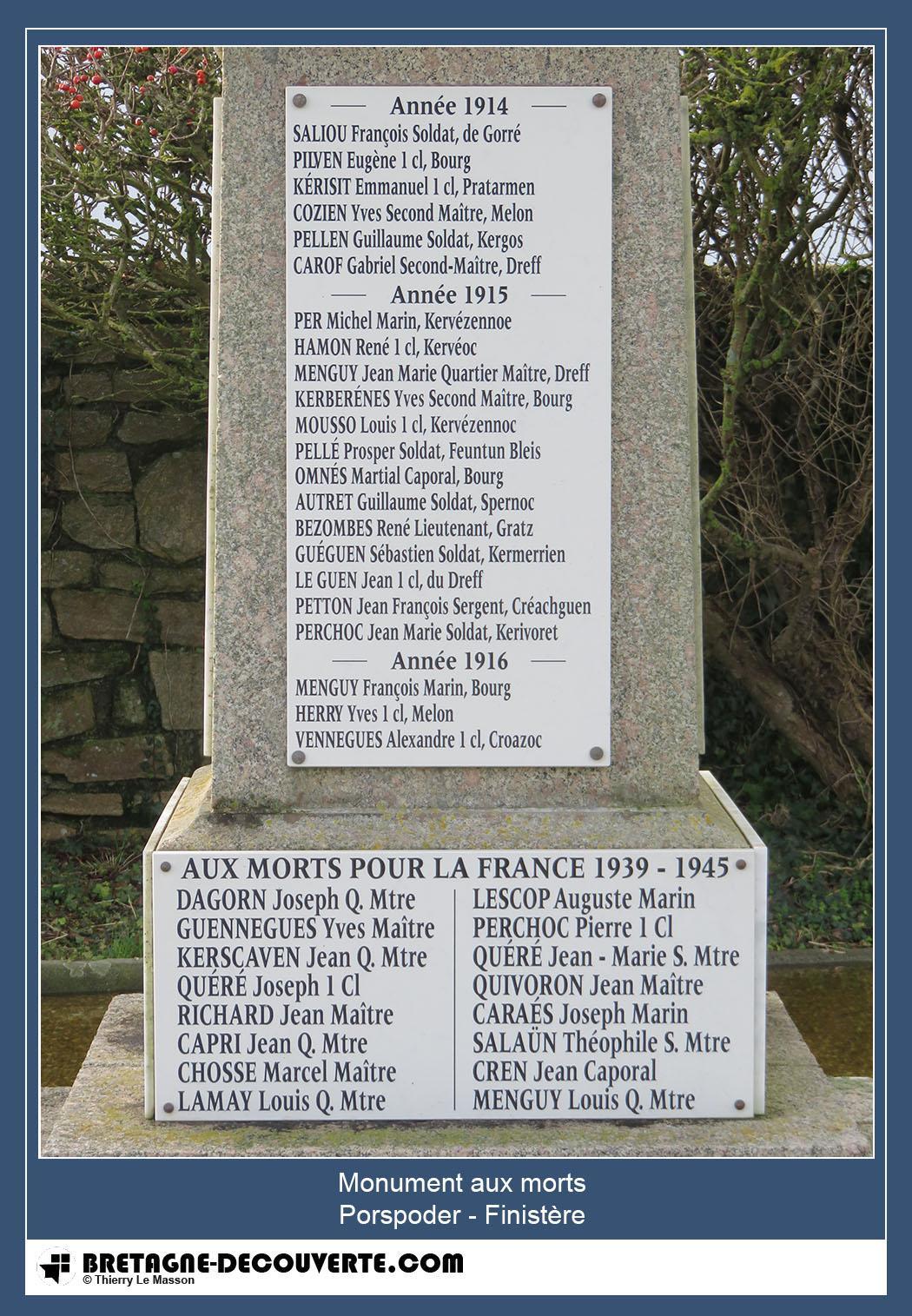 Les noms gravés sur le monument aux morts de Porspoder