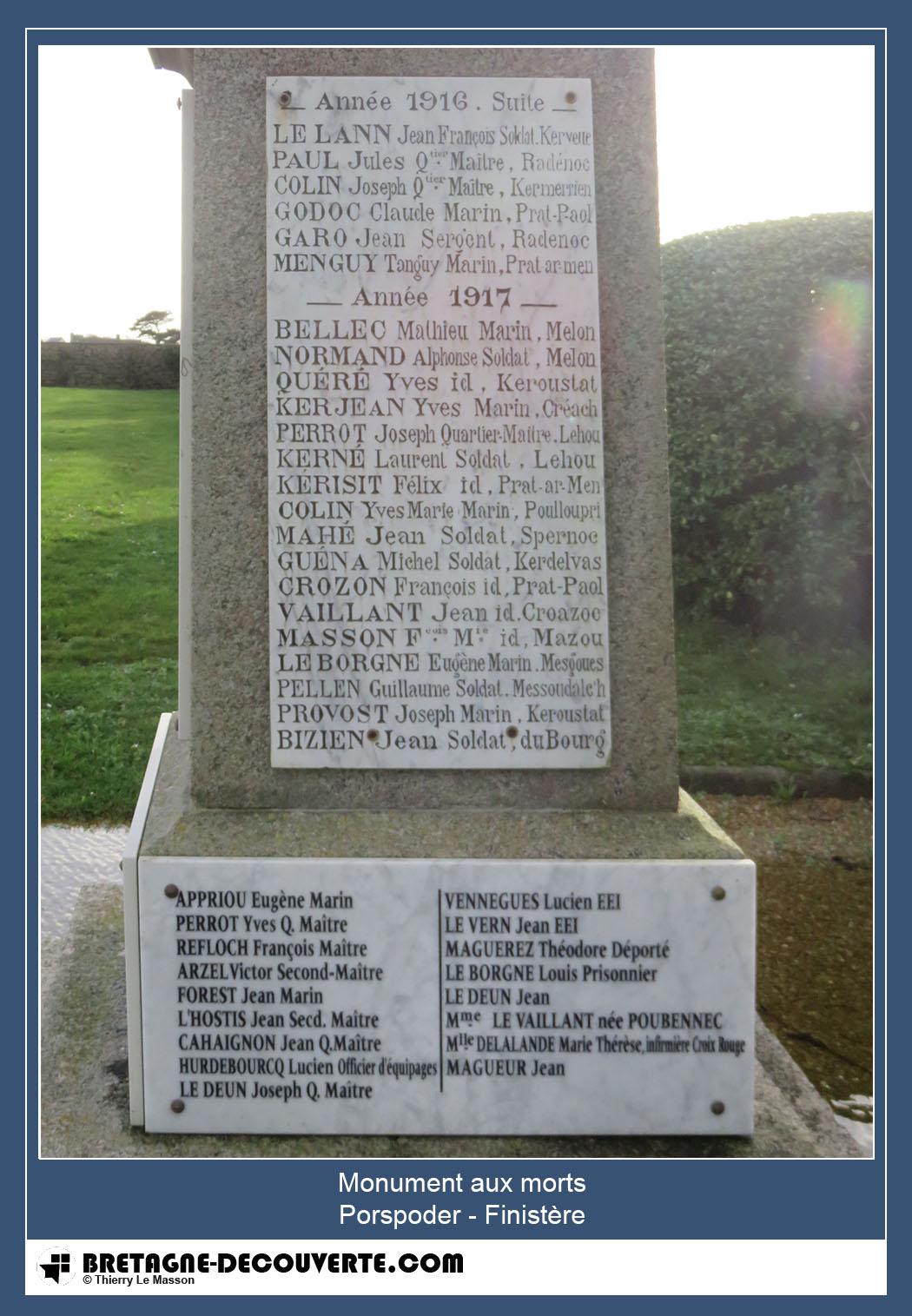 Les noms gravés sur le monument aux morts de Porspoder