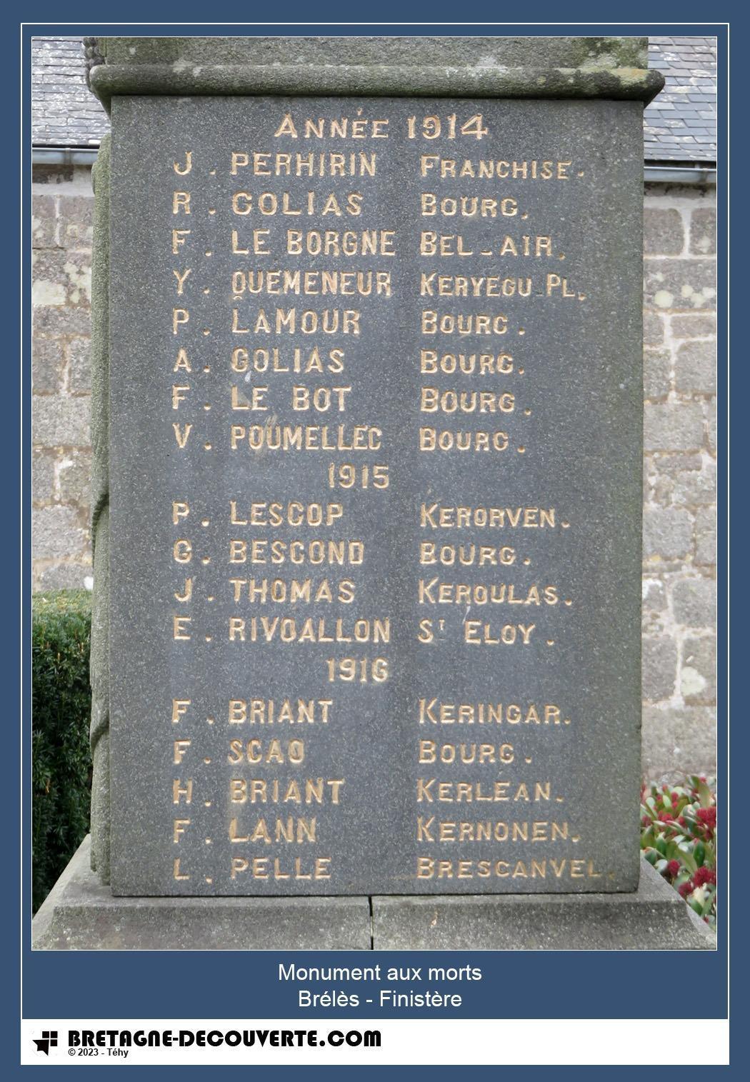 Les noms gravés sur le monument aux morts de Brélès