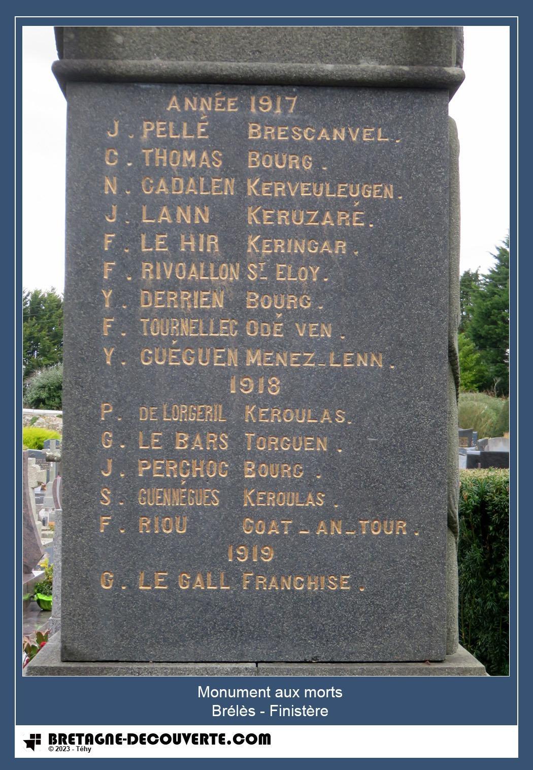 Les noms gravés sur le monument aux morts de Brélès