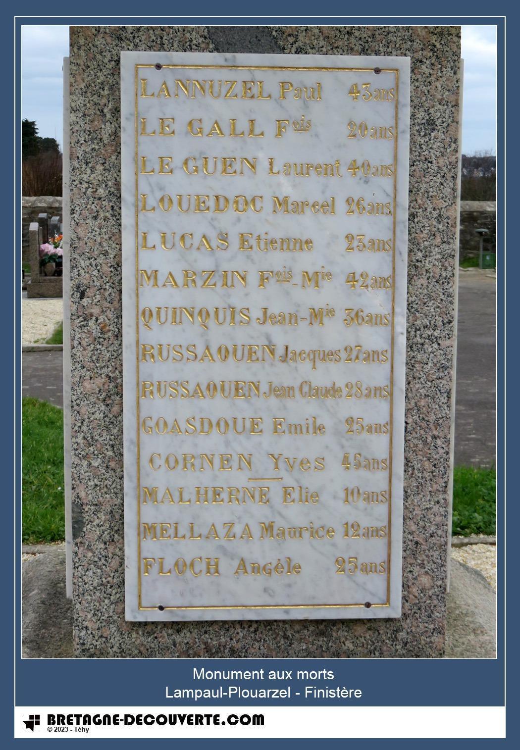 Les noms gravés sur le monument aux morts de Lampaul-Plouarzel