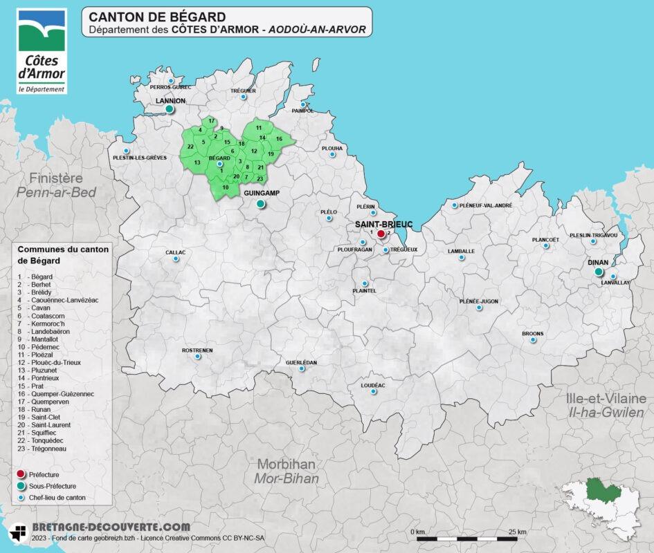 Carte du canton de Bégard dans les Côtes d'Armor