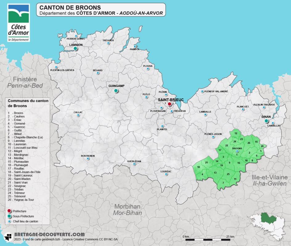 Carte du canton de Broons dans les Côtes d'Armor