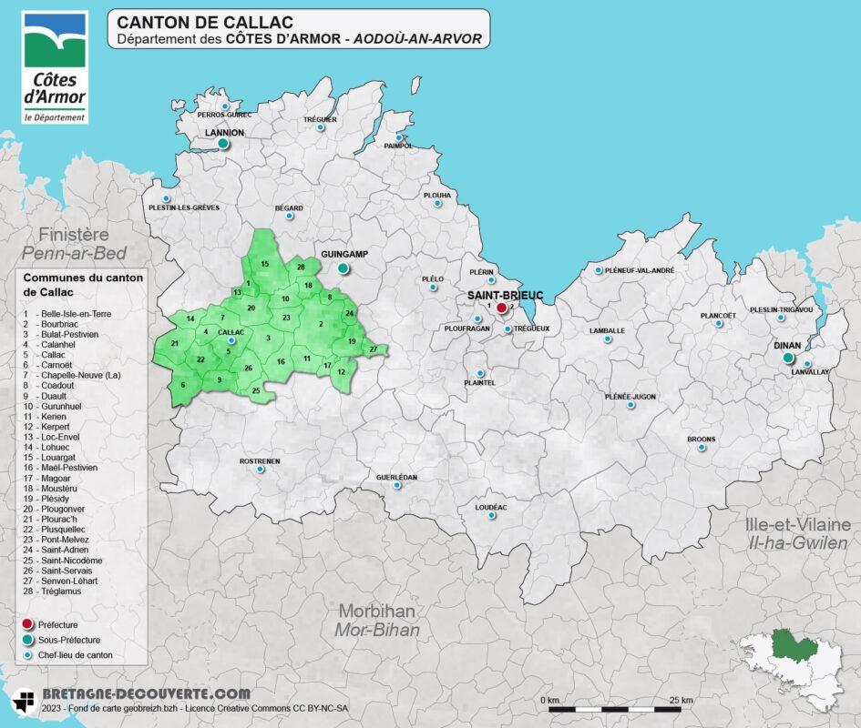 Carte du canton de Callac dans les Côtes d'Armor