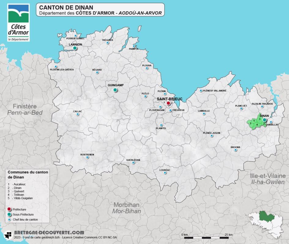 Carte du canton de Dinan dans les Côtes d'Armor