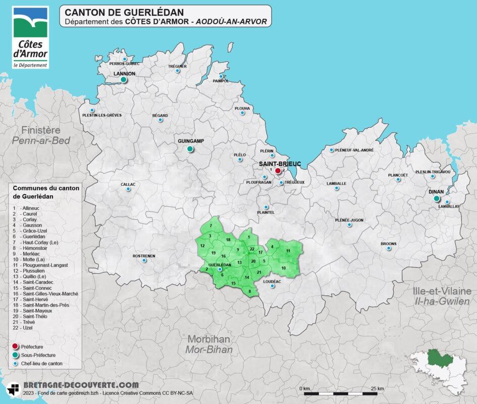 Carte du canton de Guerlédan dans les Côtes d'Armor
