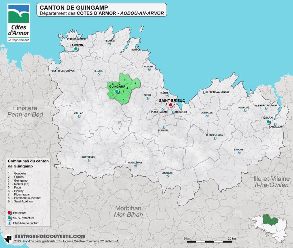 Carte du canton de Guingamp dans les Côtes d'Armor