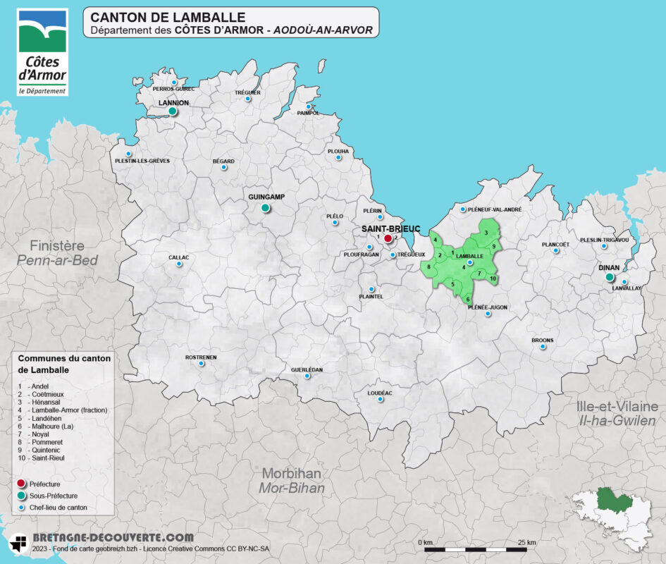 Carte du canton de Lamballe dans les Côtes d'Armor
