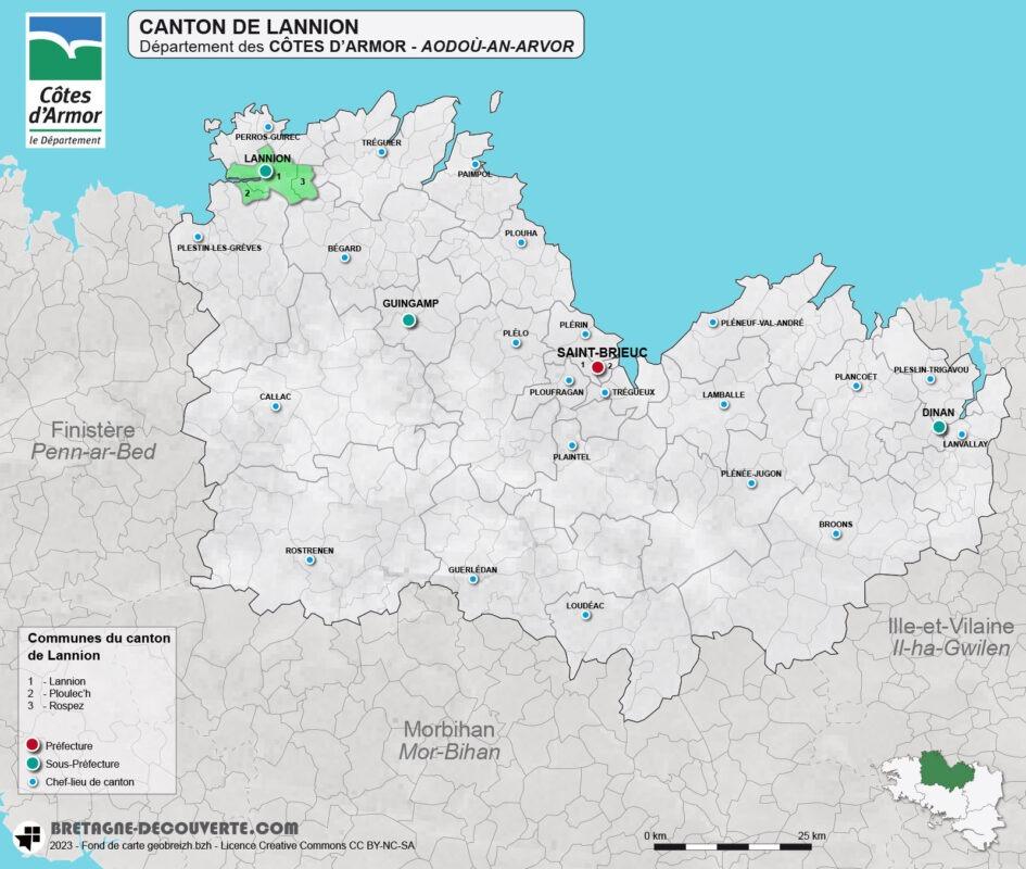 Carte du canton de Lannion dans les Côtes d'Armor