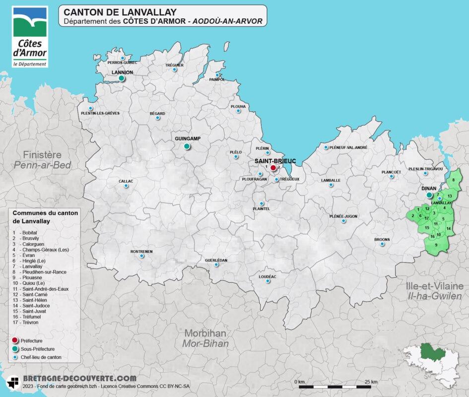 Carte du canton de Lanvallay dans les Côtes d'Armor