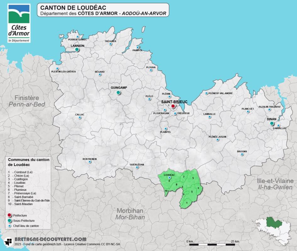 Carte du canton de Loudéac dans les Côtes d'Armor