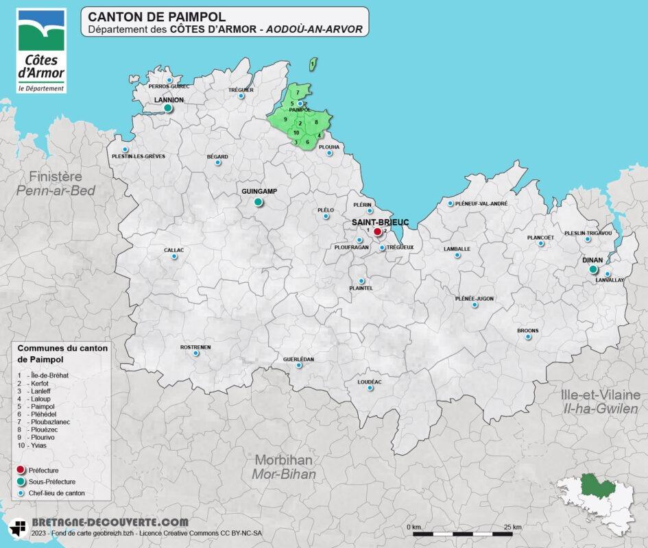 Carte du canton de Paimpol dans les Côtes d'Armor