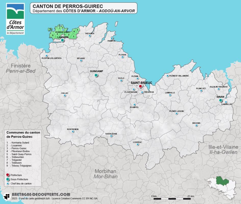 Carte du canton de Perros-Guirec dans les Côtes d'Armor