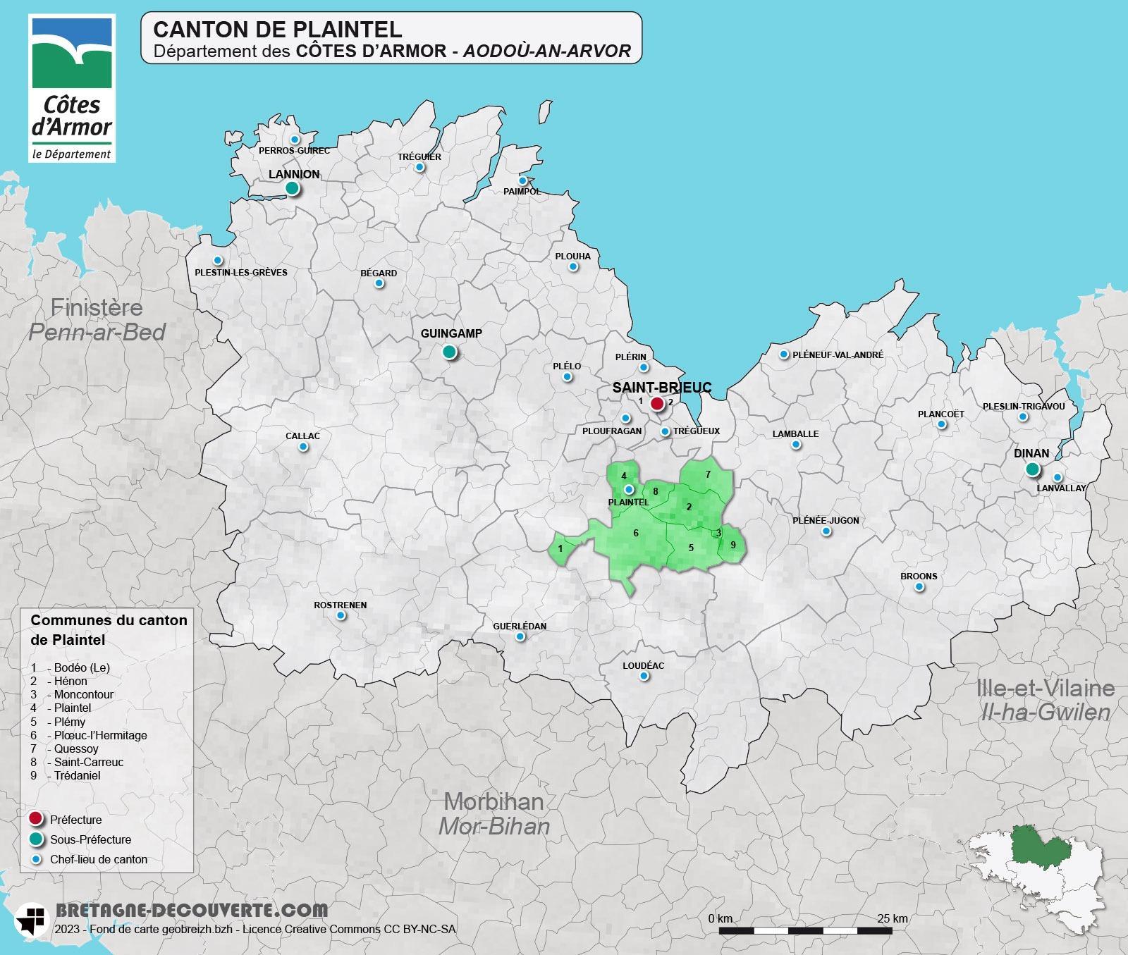 Carte du canton de Plaintel dans les Côtes d'Armor