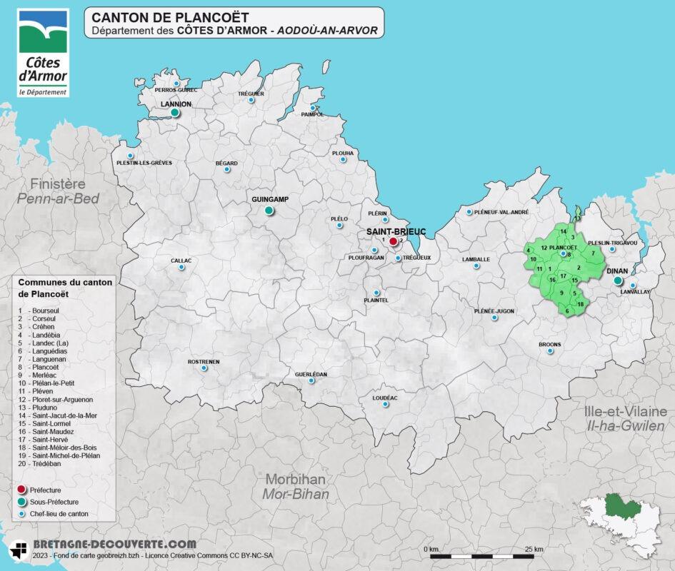 Carte du canton de Plancoët dans les Côtes d'Armor