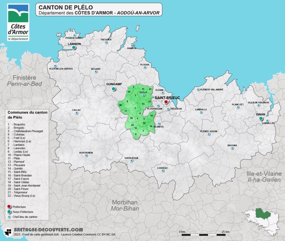 Carte du canton de Plélo dans les Côtes d'Armor