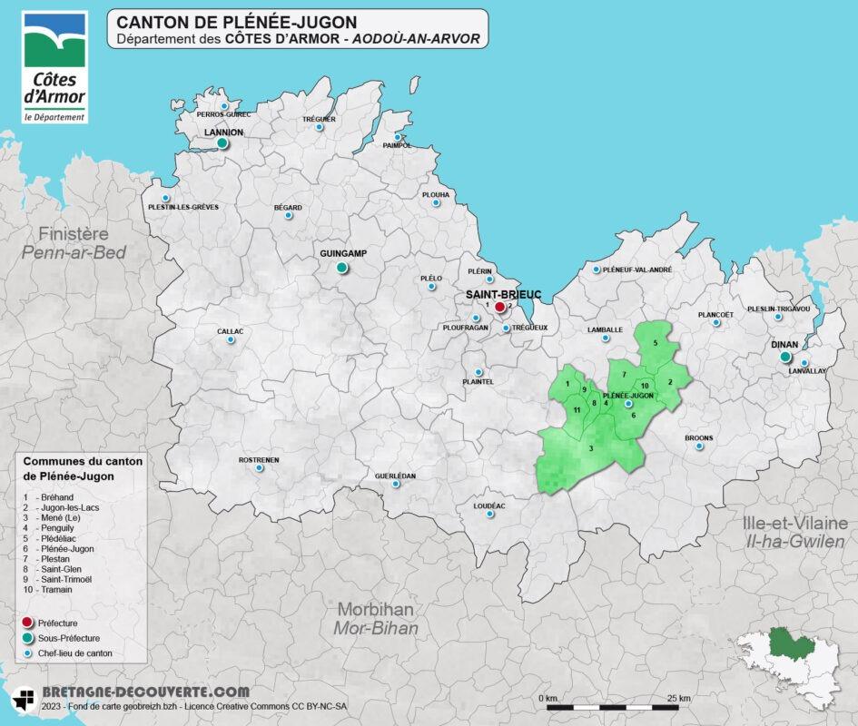 Carte du canton de Plénée-Jugon dans les Côtes d'Armor