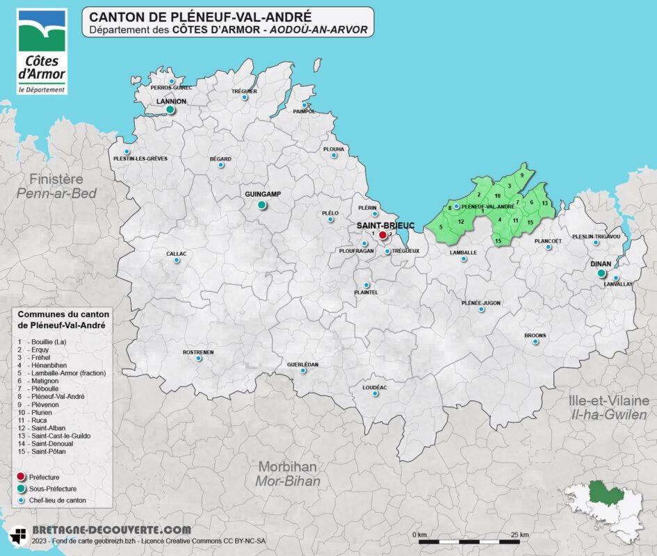 Carte du canton de Pléneuf-Val-André dans les Côtes d'Armor
