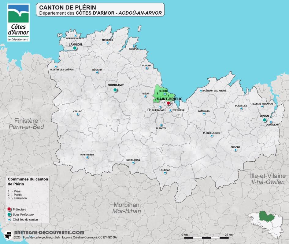 Carte du canton de Plérin dans les Côtes d'Armor