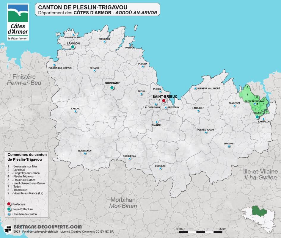 Carte du canton de Pleslin-Trigavou dans les Côtes d'Armor