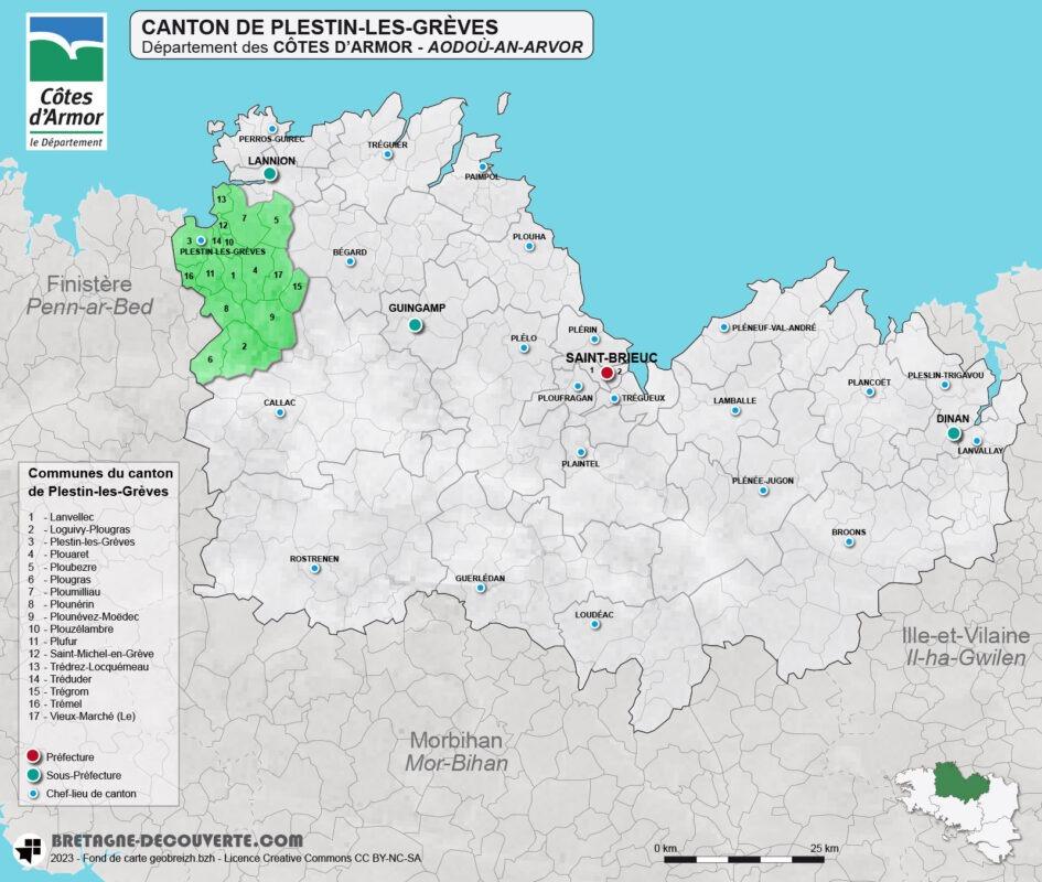 Carte du canton de Plestin-les-Grèves dans les Côtes d'Armor